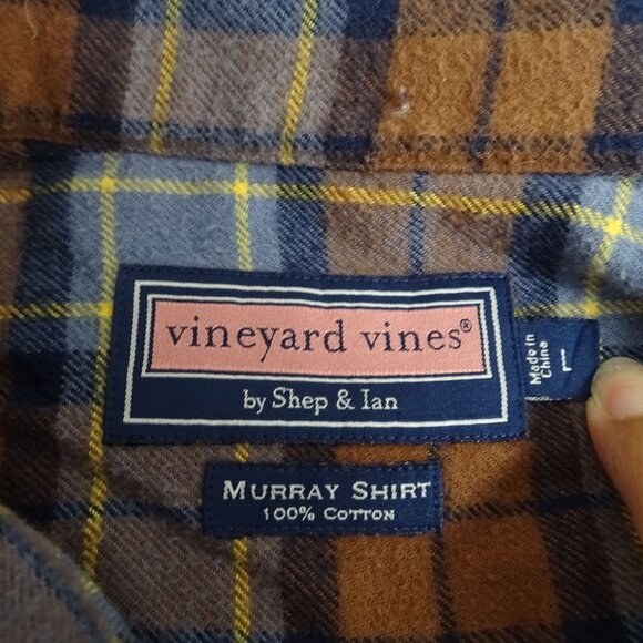 Vineyard Vines Murray Shirt Flannel Men Size L Button Down Brown Blue Plaid - Picture 6 of 10